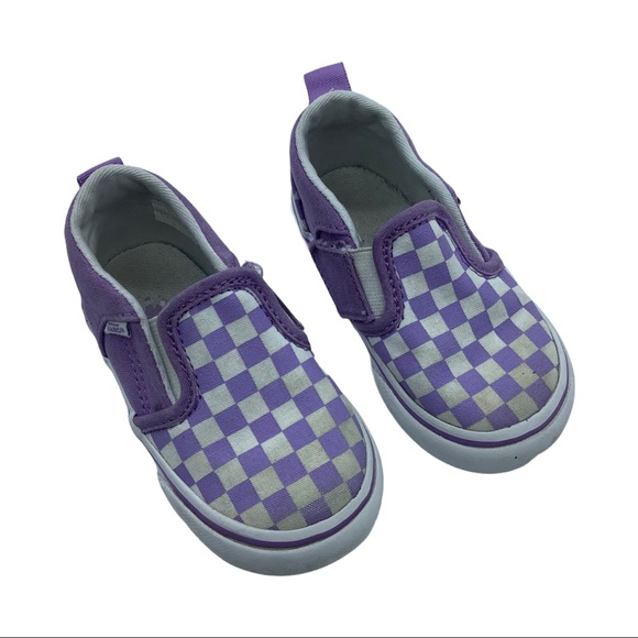 purple and white checkered vans